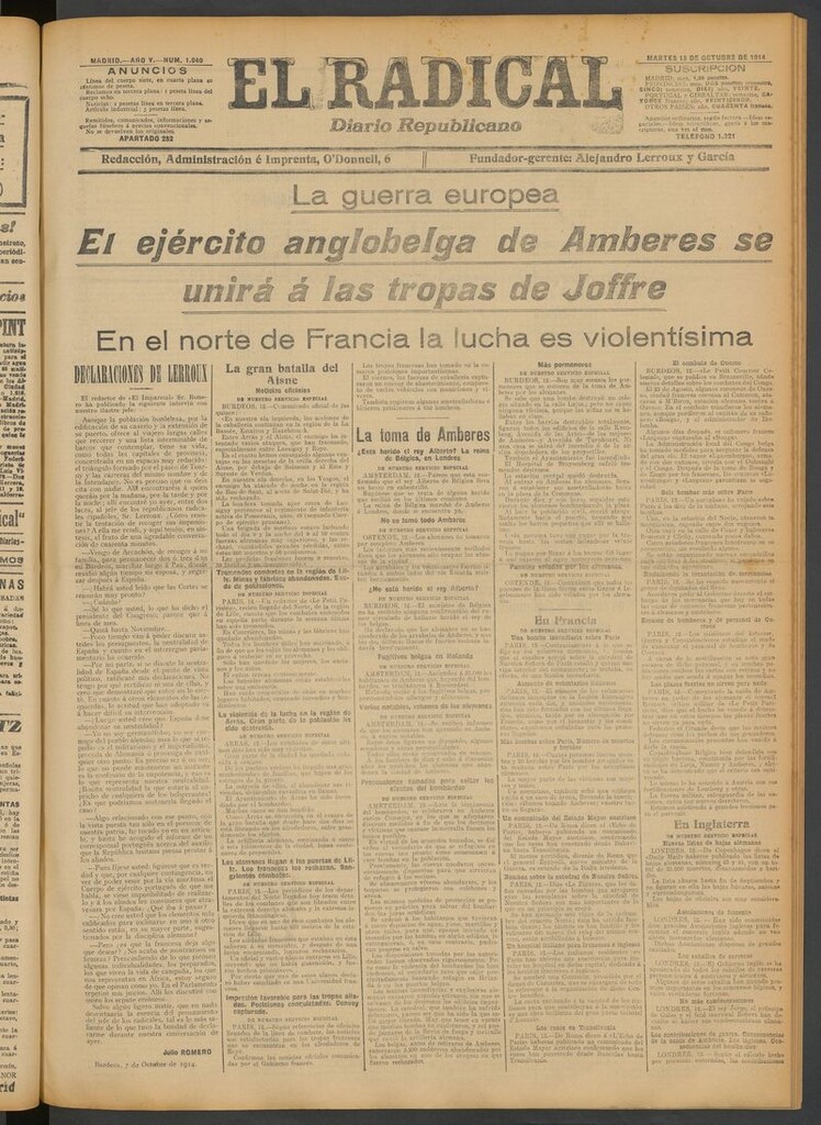 Miniatura de El Radical: diario republicano del 13 de octubre de 1914