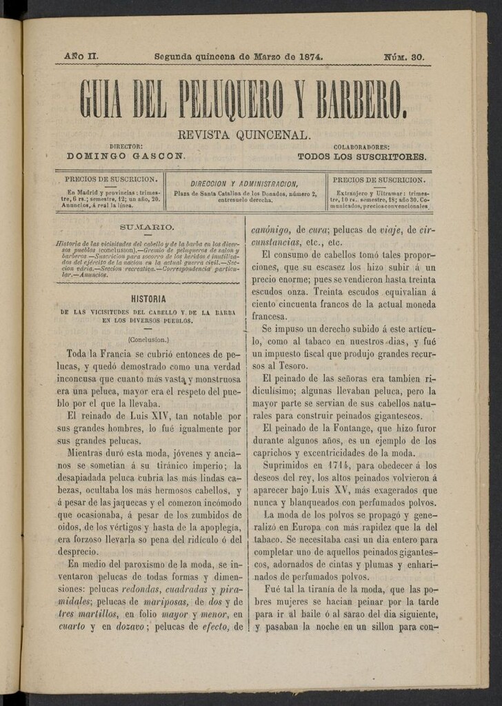Miniatura de Guía del Peluquero y Barbero de la segunda quincena de marzo de 1874, nº 30
