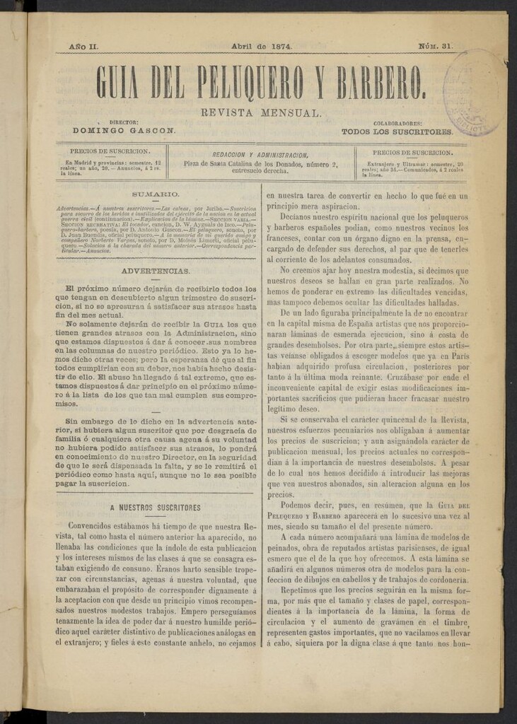 Miniatura de Guía del Peluquero y Barbero de abril de 1874, nº 31