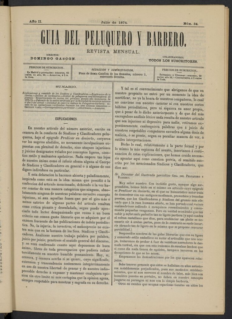 Miniatura de Guía del Peluquero y Barbero de julio de 1874, nº 34