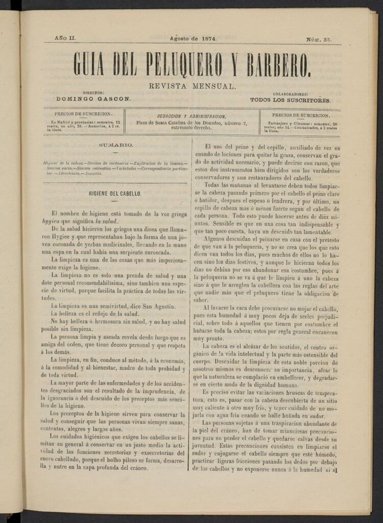 Miniatura de Guía del Peluquero y Barbero de agosto de 1874, nº 35