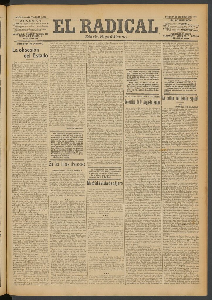 Miniatura de El Radical: diario republicano del 14 de diciembre de 1914
