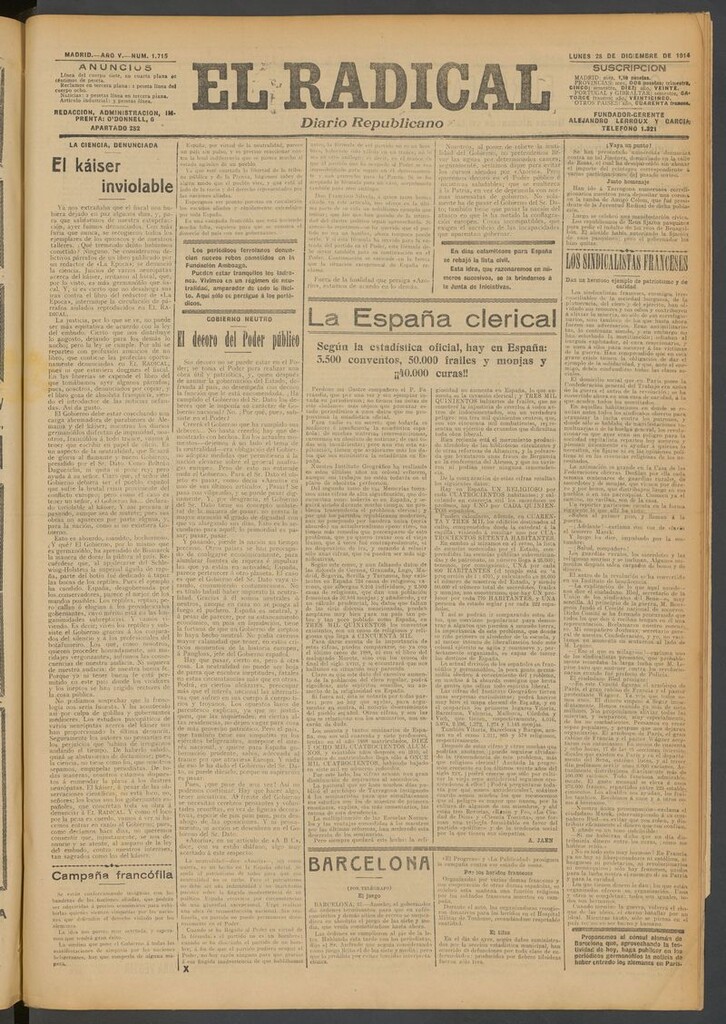 Miniatura de El Radical: diario republicano del 28 de diciembre de 1914