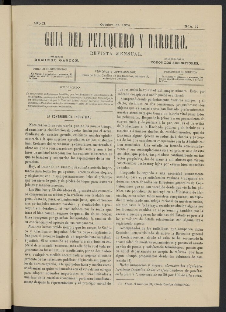 Miniatura de Guía del Peluquero y Barbero de octubre de 1874, nº 37