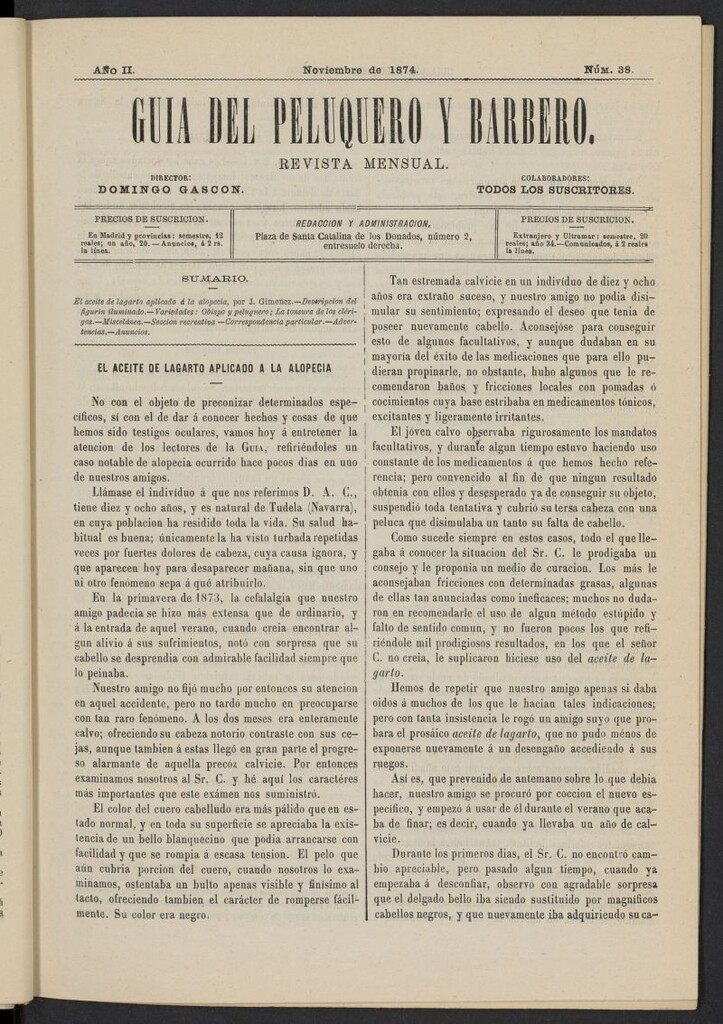 Miniatura de Guía del Peluquero y Barbero de noviembre de 1874, nº 38
