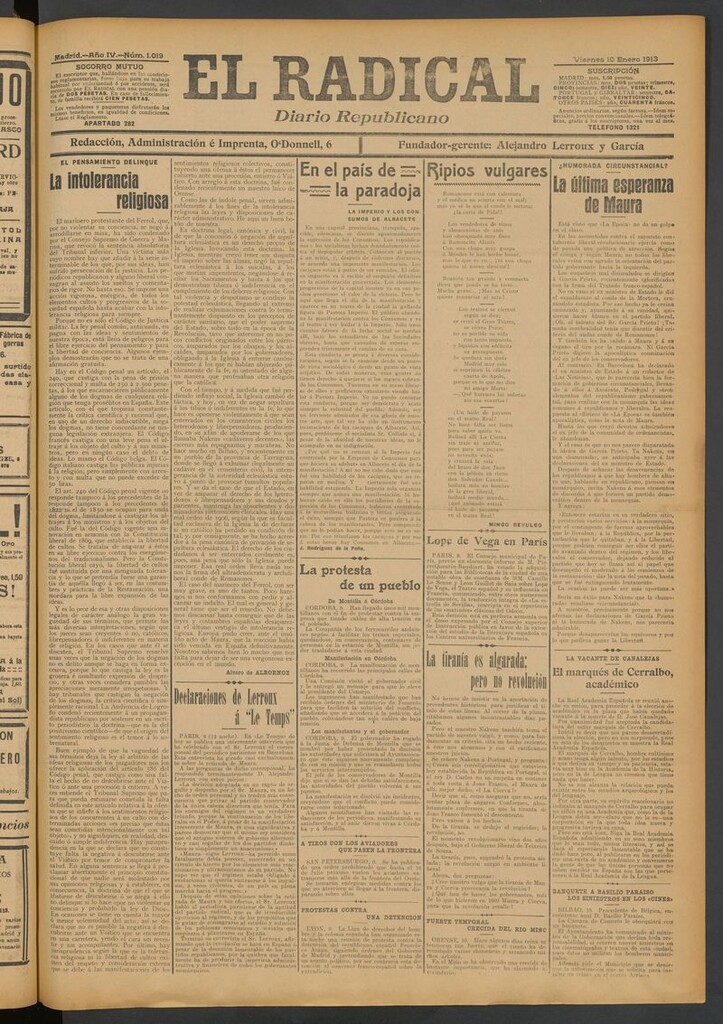 Miniatura de El Radical: diario republicano del 10 de enero de 1913