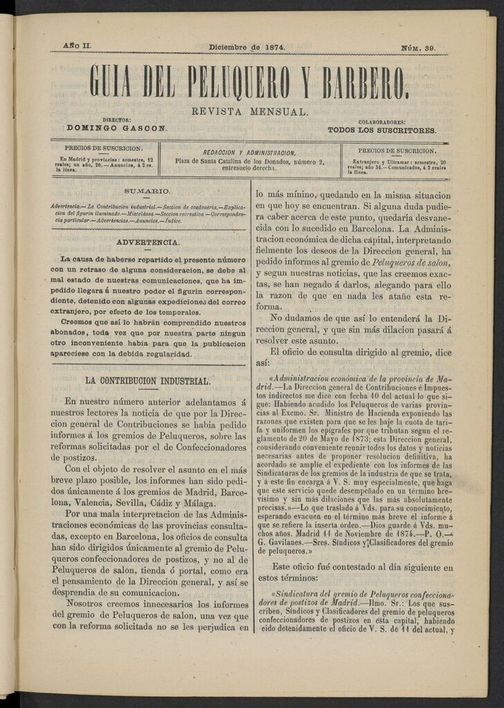 Miniatura de Guía del Peluquero y Barbero de diciembre de 1874, nº 39