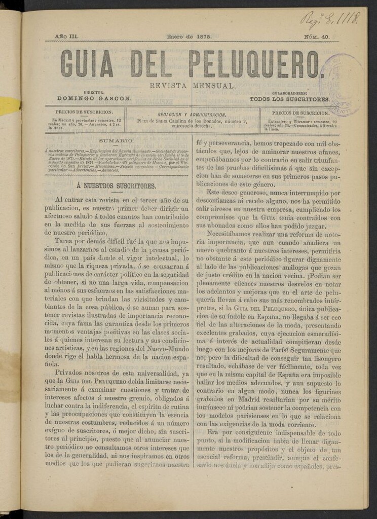Miniatura de Guía del Peluquero y Barbero de enero de 1875, nº 40