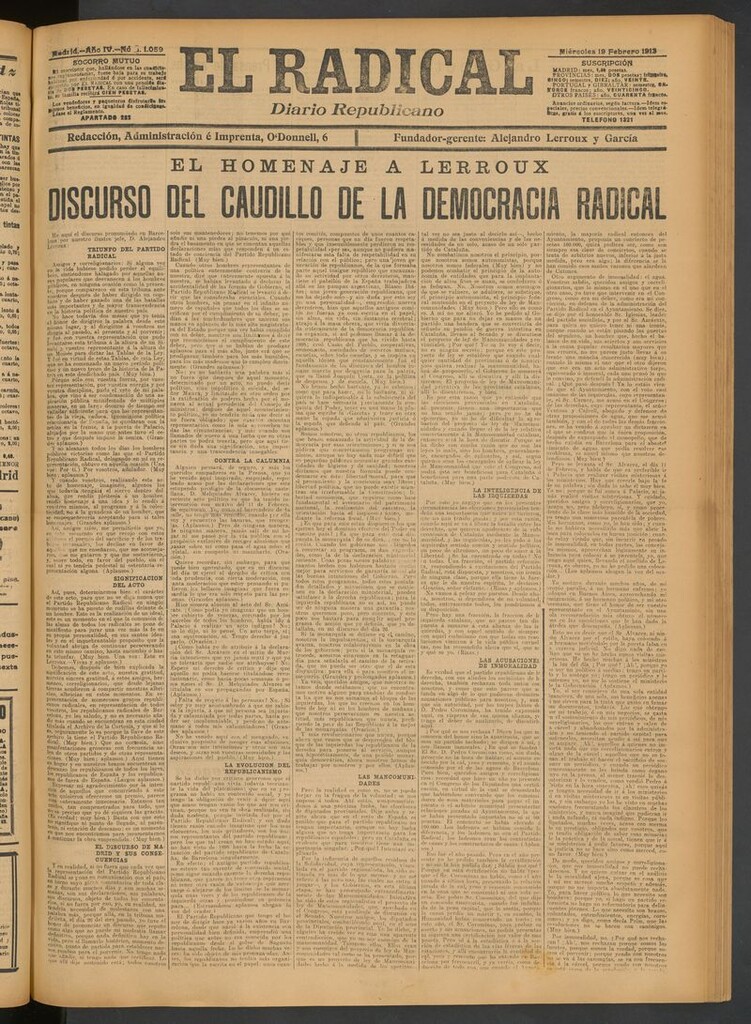 Miniatura de El Radical: diario republicano del 19 de febrero de 1913