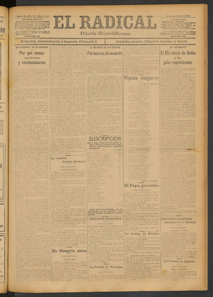 Miniatura de El Radical: diario republicano del 18 de abril de 1913