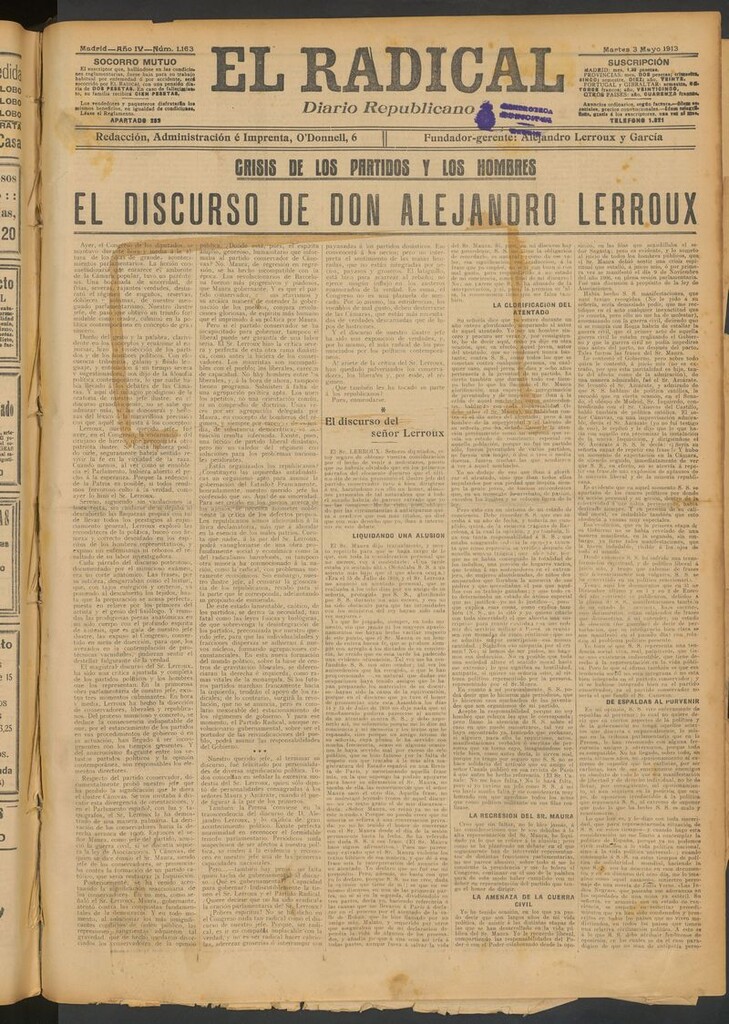 Miniatura de El Radical: diario republicano del 3 de mayo[sic] de 1913