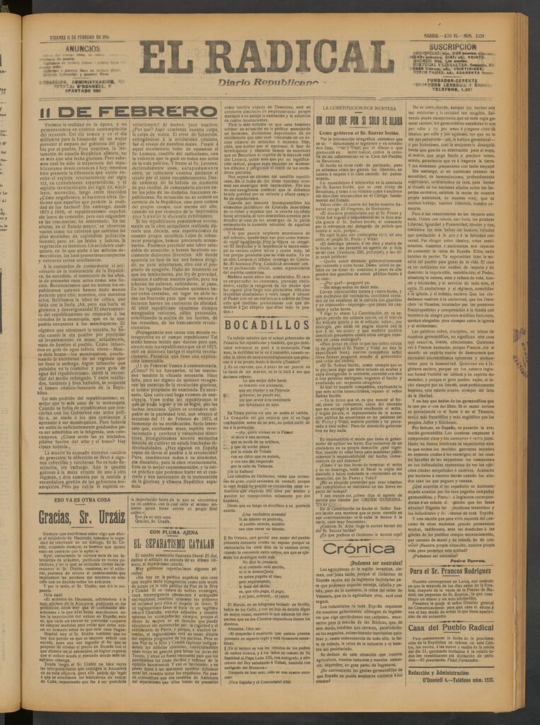 Miniatura de El Radical: diario republicano del 11 de febrero de 1916