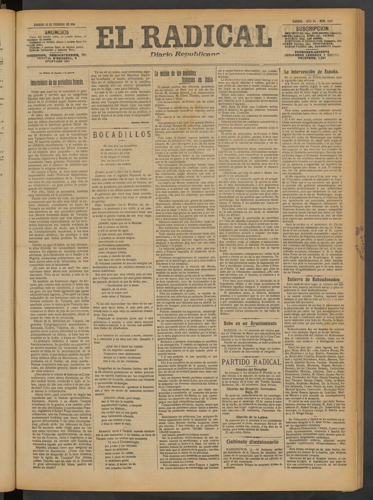 Miniatura de El Radical: diario republicano del 12 de febrero de 1916