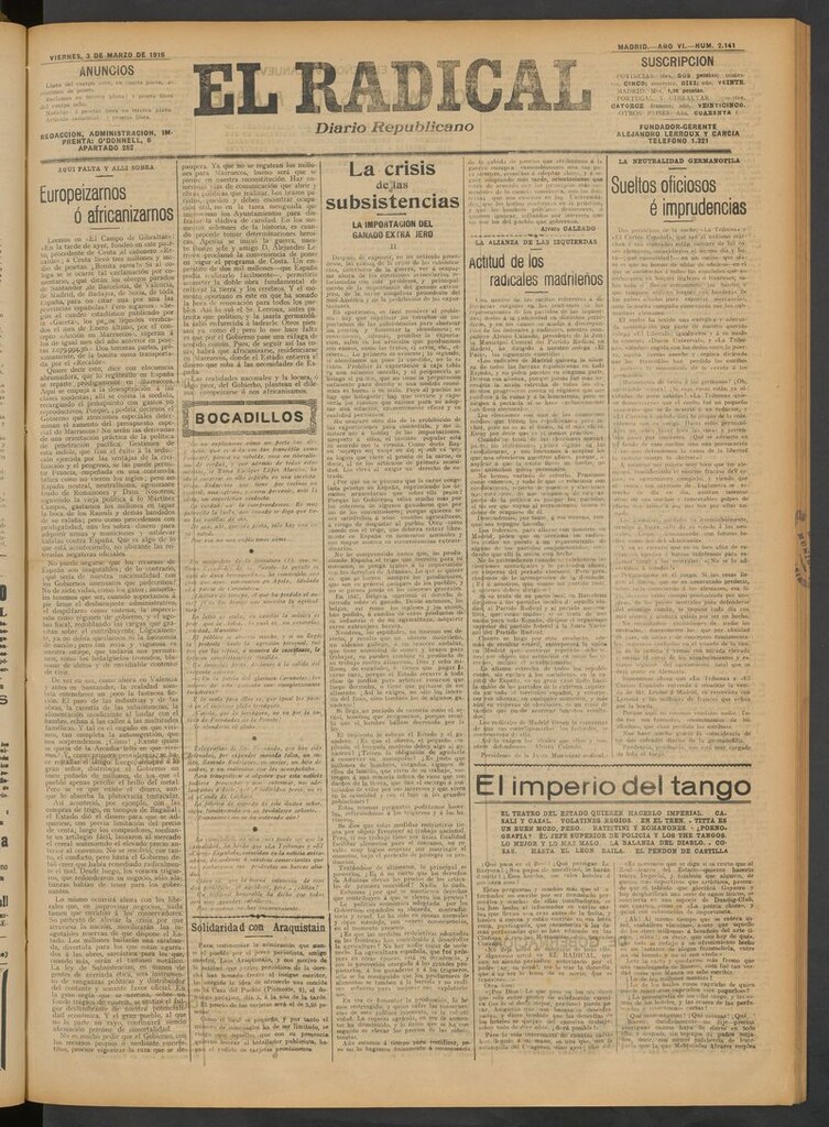 Miniatura de El Radical: diario republicano del 3 de marzo de 1916