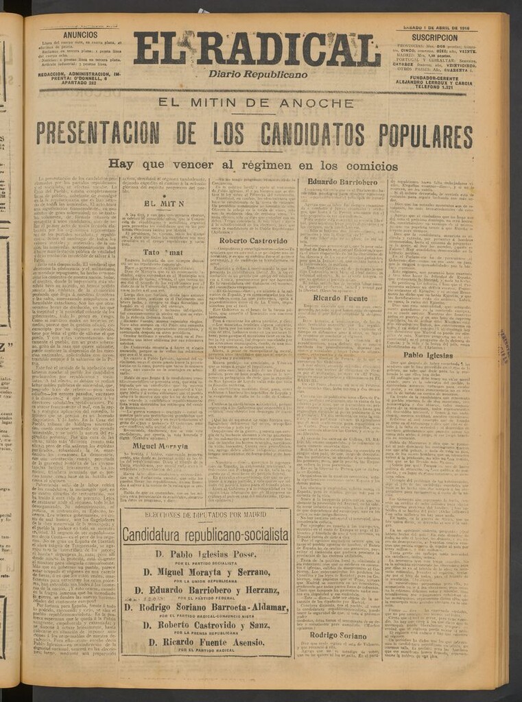 Miniatura de El Radical: diario republicano del 1 de abril de 1916
