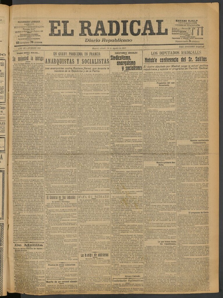 Miniatura de El Radical: diario republicano del 24 de agosto de 1912