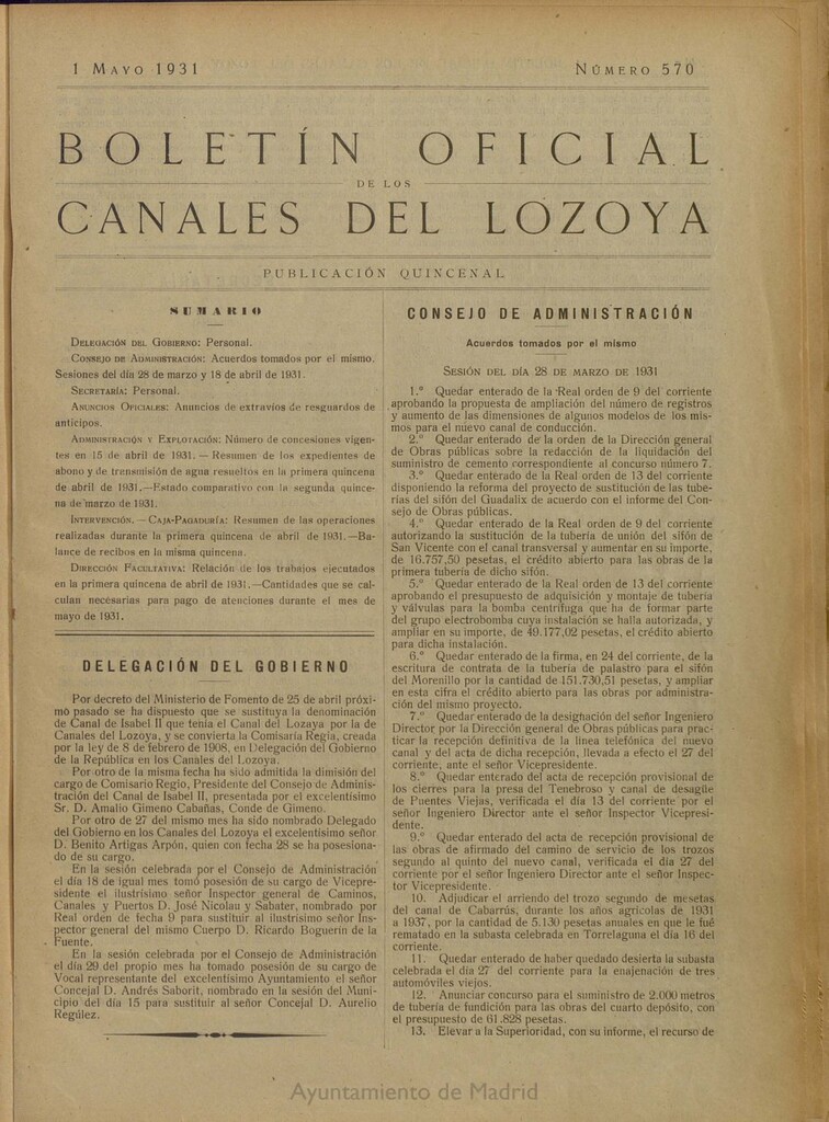 Miniatura de Boletín Oficial de los Canales del Lozoya