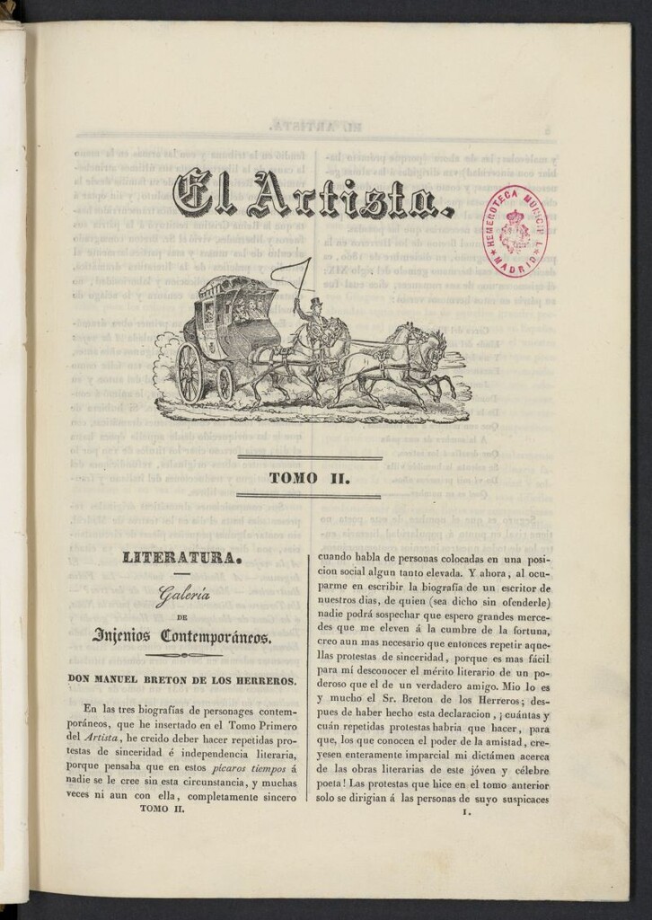 Miniatura de El artista: periódico semanal de artes, literatura, historia de 1835, tomo II, nº 1