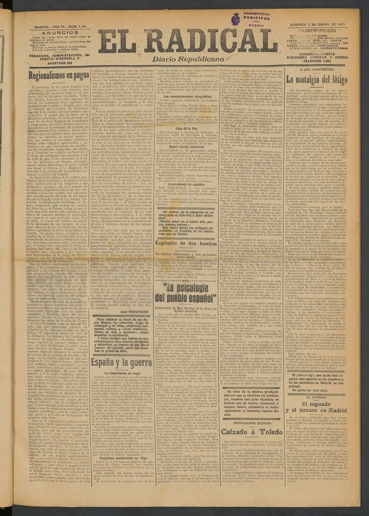 Miniatura de El Radical: diario republicano del 3 de enero de 1915