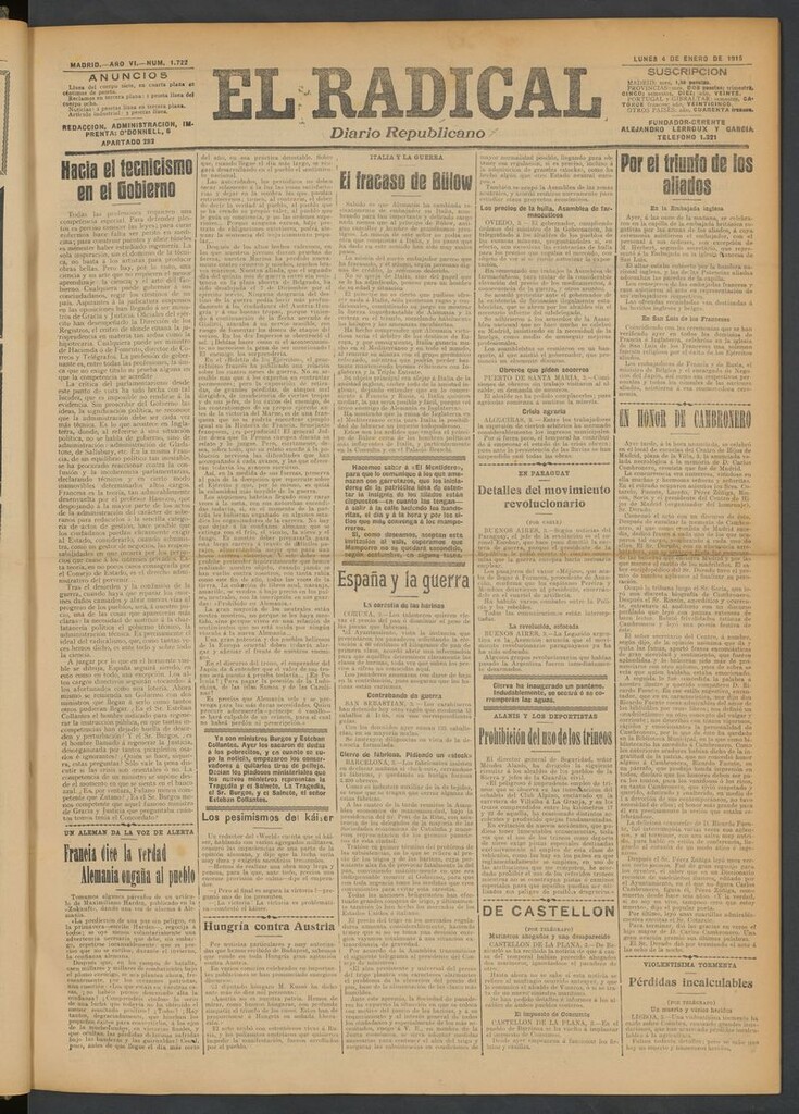 Miniatura de El Radical: diario republicano del 4 de enero de 1915