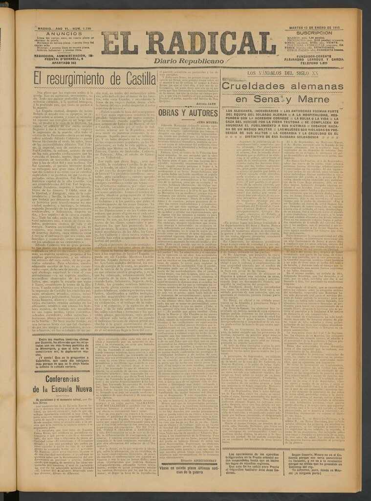 Miniatura de El Radical: diario republicano del 12 de enero de 1915