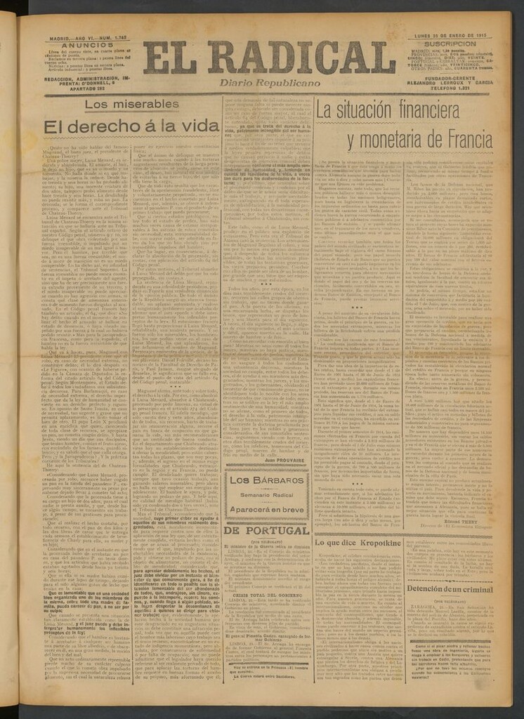 Miniatura de El Radical: diario republicano del 25 de enero de 1915