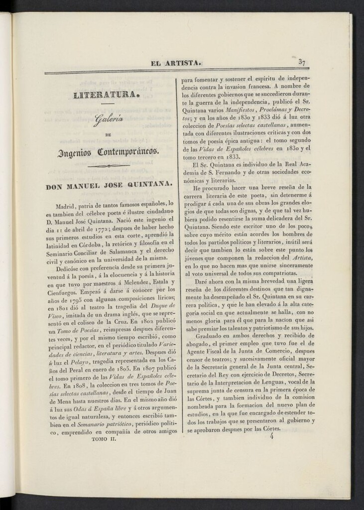 Miniatura de El artista: periódico semanal de artes, literatura, historia de 1835, tomo II, nº 4