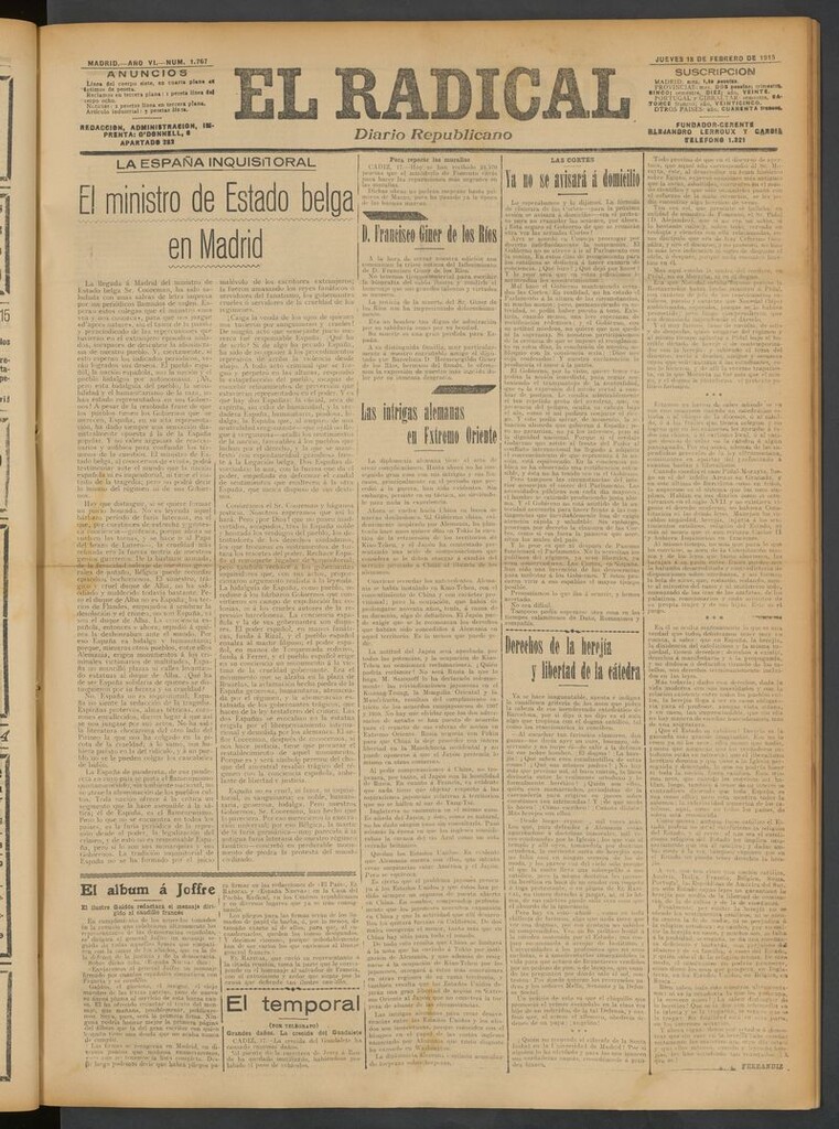 Miniatura de El Radical: diario republicano del 18 de febrero de 1915