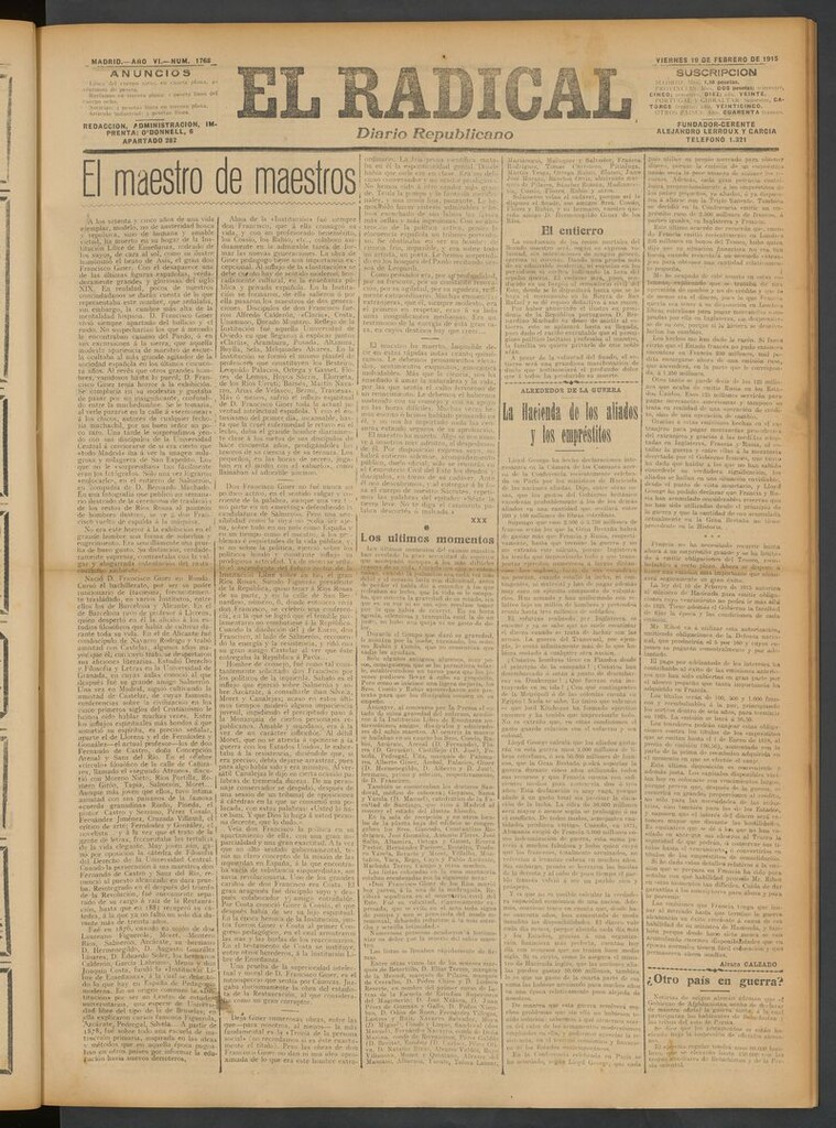 Miniatura de El Radical: diario republicano del 19 de febrero de 1915
