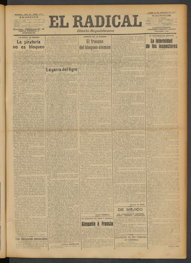 Miniatura de El Radical: diario republicano del 22 de febrero de 1915