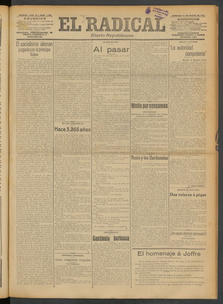 Miniatura de El Radical: diario republicano del 21 de marzo de 1915
