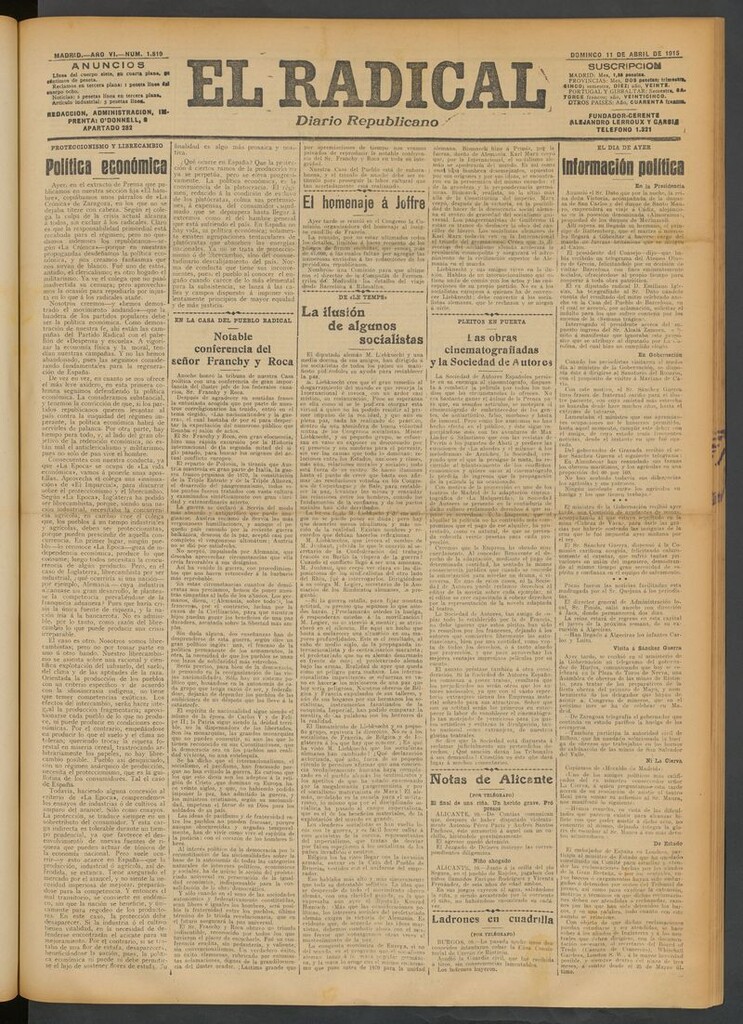 Miniatura de El Radical: diario republicano del 11 de abril de 1915