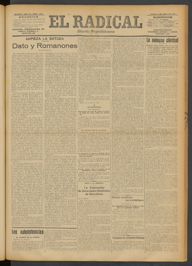 Miniatura de El Radical: diario republicano del 19 de abril de 1915