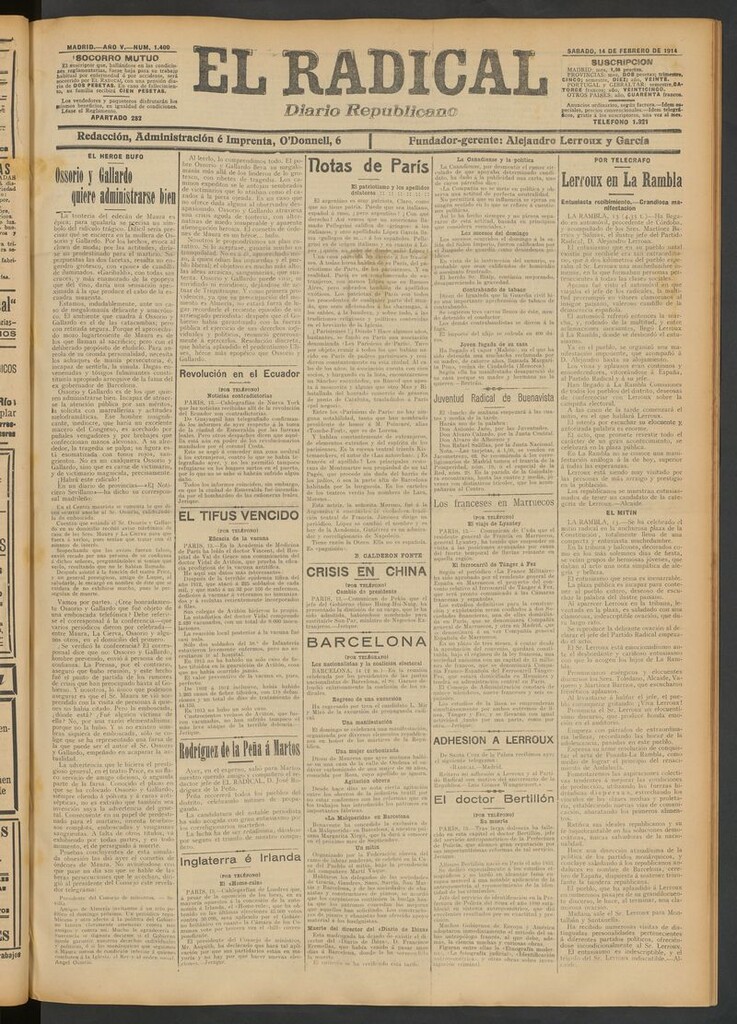 Miniatura de El Radical: diario republicano del 14 de febrero de 1914