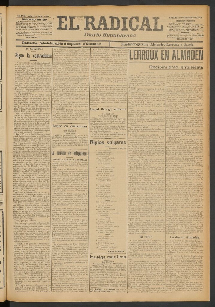 Miniatura de El Radical: diario republicano del 21 de febrero de 1914