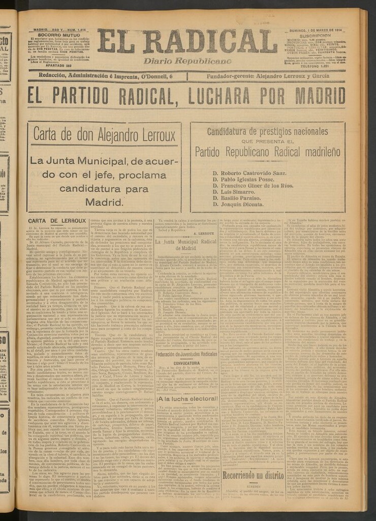Miniatura de El Radical: diario republicano del 1 de marzo de 1914