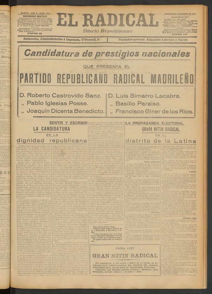 Miniatura de El Radical: diario republicano del 4 de marzo de 1914