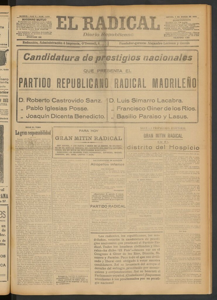 Miniatura de El Radical: diario republicano del 5 de marzo de 1914
