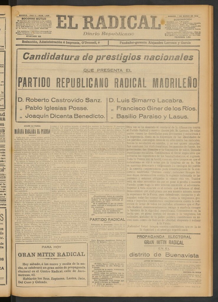 Miniatura de El Radical: diario republicano del 7 de marzo de 1914