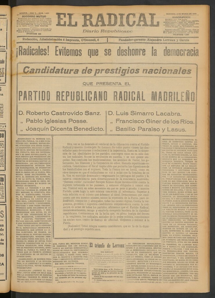 Miniatura de El Radical: diario republicano del 8 de marzo de 1914