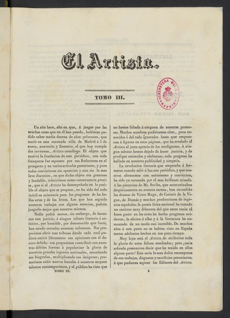 Miniatura de El artista: periódico semanal de artes, literatura, historia de 1836, tomo III, nº 1