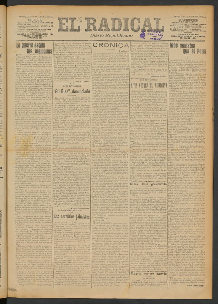 Miniatura de El Radical: diario republicano del 2 de agosto de 1915