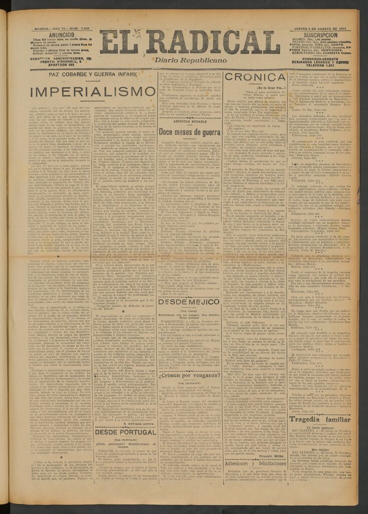 Miniatura de El Radical: diario republicano del 5 de agosto de 1915