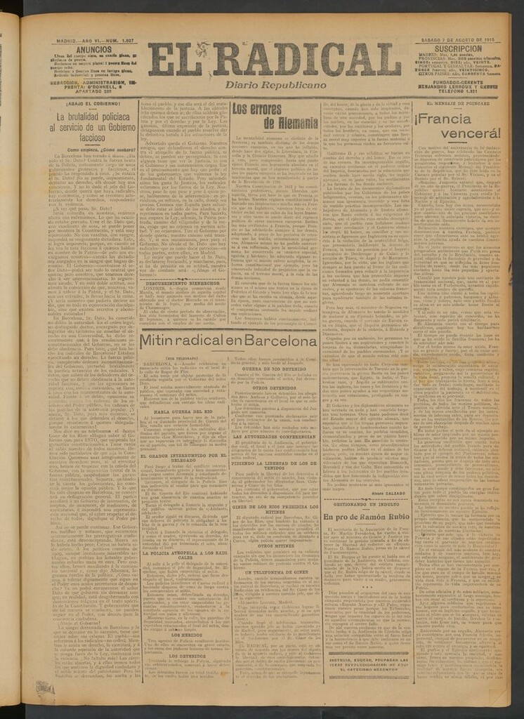 Miniatura de El Radical: diario republicano del 7 de agosto de 1915