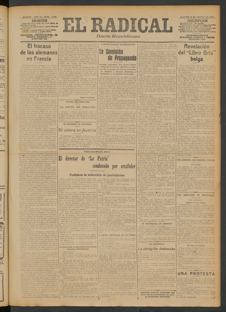 Miniatura de El Radical: diario republicano del 10 de agosto de 1915