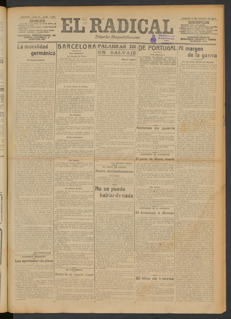 Miniatura de El Radical: diario republicano del 14 de agosto de 1915