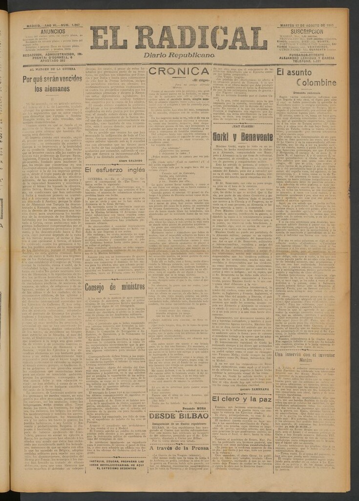 Miniatura de El Radical: diario republicano del 17 de agosto de 1915