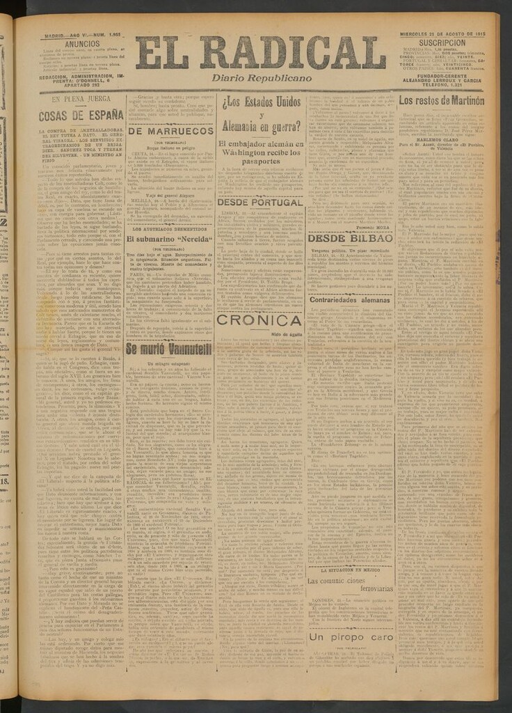 Miniatura de El Radical: diario republicano del 25 de agosto de 1915