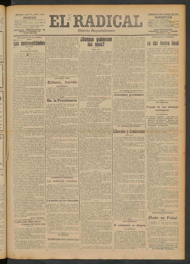 Miniatura de El Radical: diario republicano del 29 de agosto de 1915