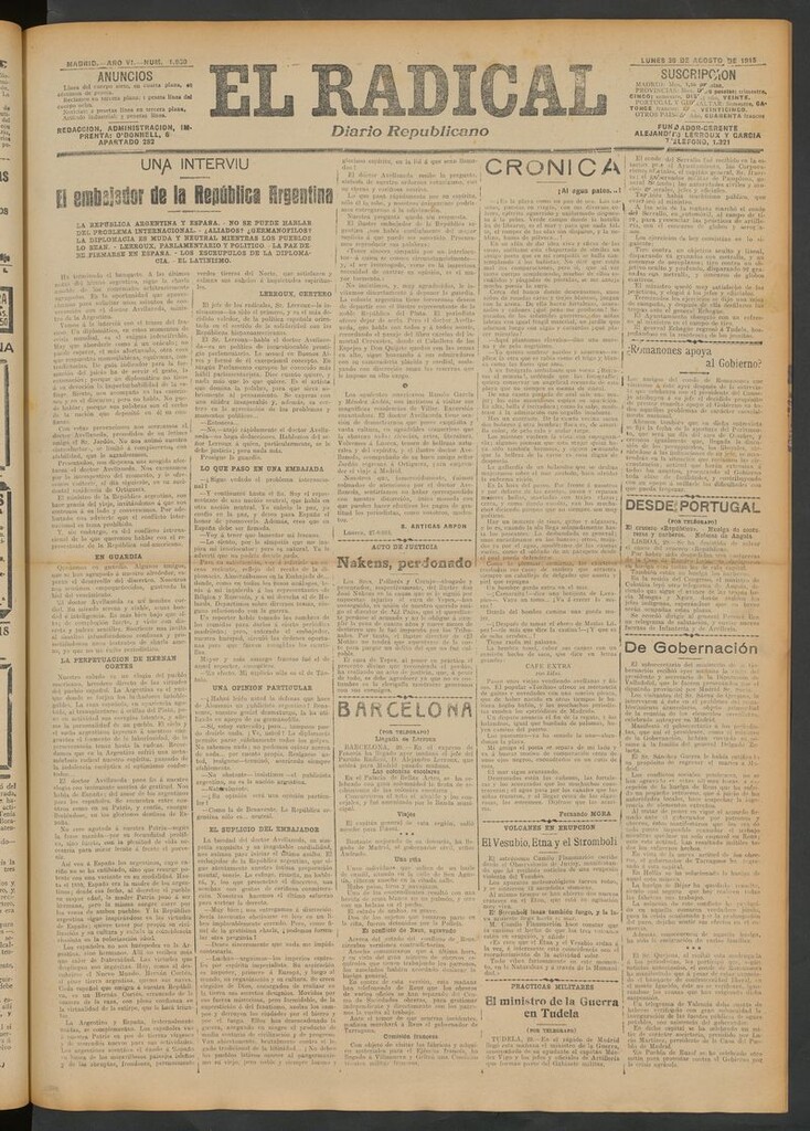 Miniatura de El Radical: diario republicano del 30 de agosto de 1915